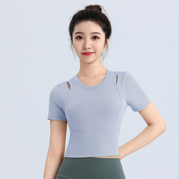 Ženska sportska majica s ugrađenom grudnom košarom, tkanina od najlona i spandeksa (23,2% Spandex, 76,8% Nylon), uski kroj, ljeto 2024, za trčanje, fitness i vožnju bicikla