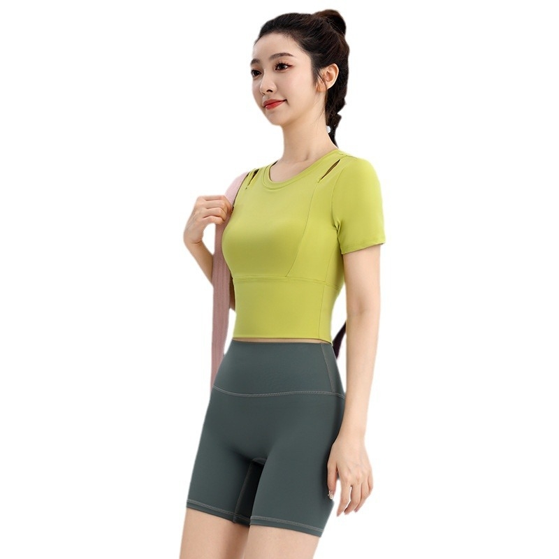 Ženska sportska majica s ugrađenom grudnom košarom, tkanina od najlona i spandeksa (23,2% Spandex, 76,8% Nylon), uski kroj, ljeto 2024, za trčanje, fitness i vožnju bicikla