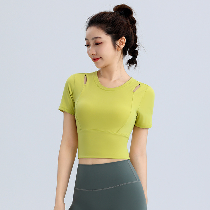 Ženska sportska majica s ugrađenom grudnom košarom, tkanina od najlona i spandeksa (23,2% Spandex, 76,8% Nylon), uski kroj, ljeto 2024, za trčanje, fitness i vožnju bicikla