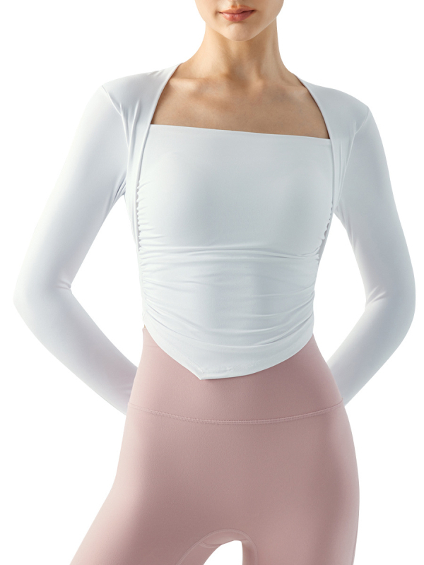 Ženski dugački rukav joge i fitness top s ugrađenim košaricama u obliku kapljice, plisirani detalji, uski kroj, prozračni materijal nylon-spandex.