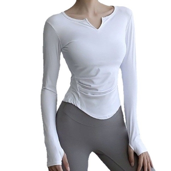 Joga top s dugim rukavima – V izrez, uski kroj za žene (80% najlon + 20% spandex; podstava 87% spandex; žene; zima, proljeće, jesen)