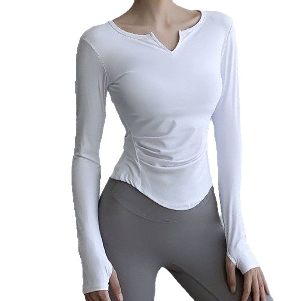 Joga top s dugim rukavima – V izrez, uski kroj za žene (80% najlon + 20% spandex; podstava 87% spandex; žene; zima, proljeće, jesen)
