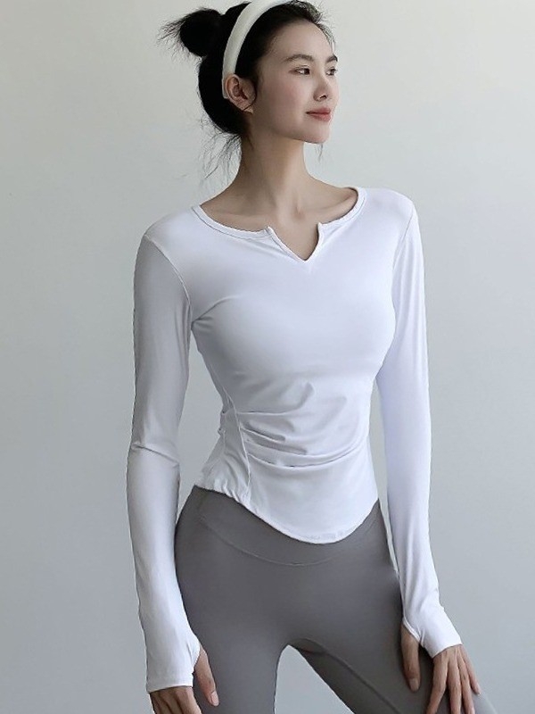 Joga top s dugim rukavima – V izrez, uski kroj za žene (80% najlon + 20% spandex; podstava 87% spandex; žene; zima, proljeće, jesen)