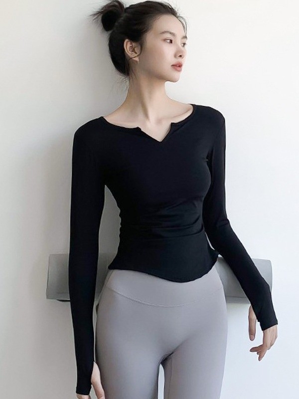 Joga top s dugim rukavima – V izrez, uski kroj za žene (80% najlon + 20% spandex; podstava 87% spandex; žene; zima, proljeće, jesen)