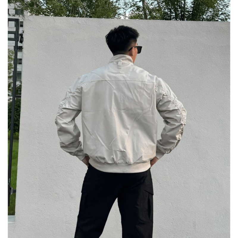 Americký retro kabát so stojacim golierom, zipsom, voľný strih, vonkajšia látka z polyesterového zmesi 95%, dlhé rukávy