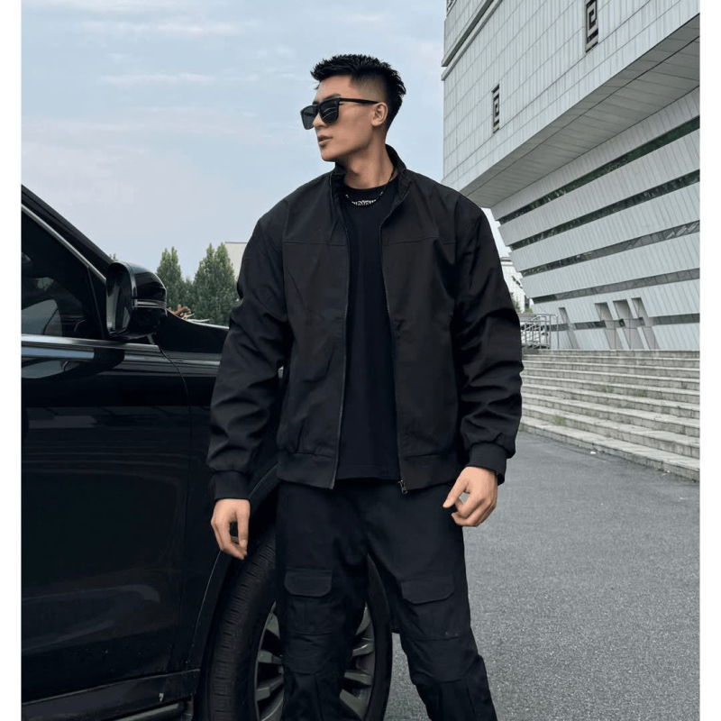 Americký retro kabát so stojacim golierom, zipsom, voľný strih, vonkajšia látka z polyesterového zmesi 95%, dlhé rukávy