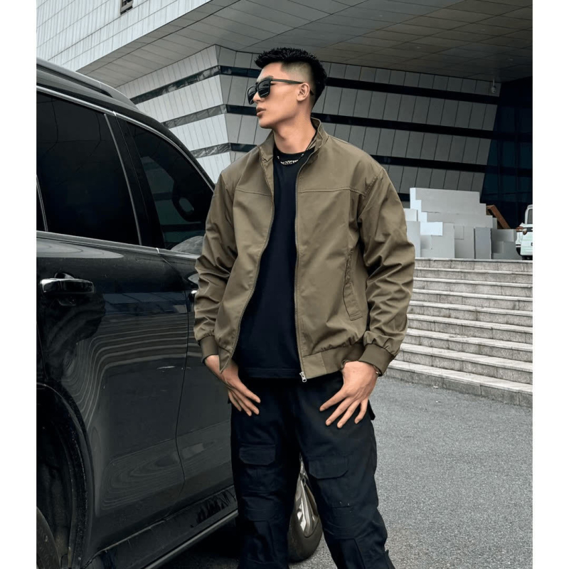 Americký retro kabát so stojacim golierom, zipsom, voľný strih, vonkajšia látka z polyesterového zmesi 95%, dlhé rukávy