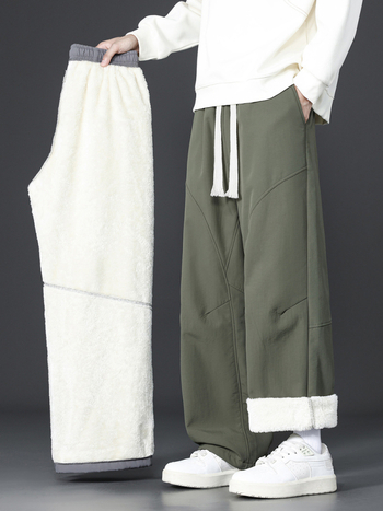 Vīriešu ziemas bikses ar flīsa oderi, brīvs taisns piegriezums, viduklis vidējais, garas bikses, ar šņori