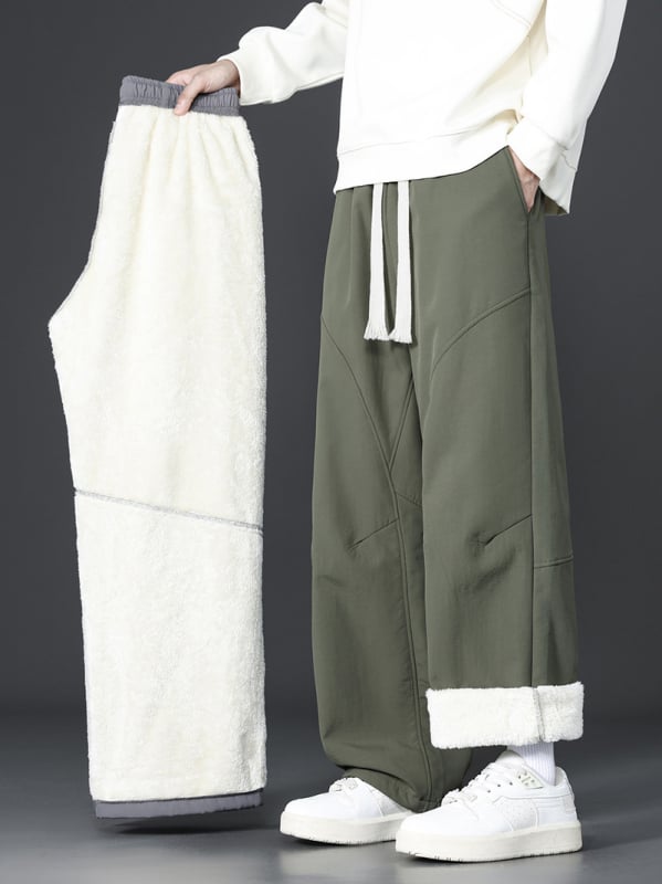 Vīriešu ziemas bikses ar flīsa oderi, brīvs taisns piegriezums, viduklis vidējais, garas bikses, ar šņori