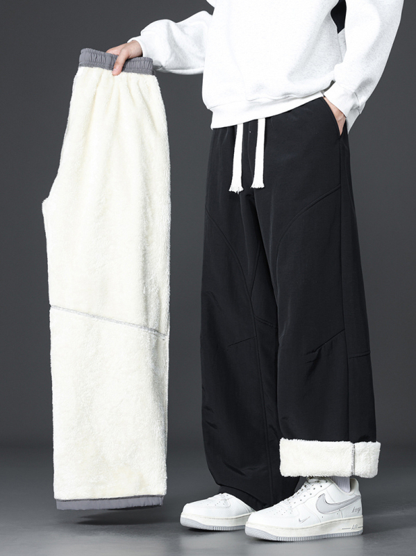 Vīriešu ziemas bikses ar flīsa oderi, brīvs taisns piegriezums, viduklis vidējais, garas bikses, ar šņori