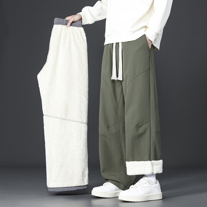 Vīriešu ziemas bikses ar flīsa oderi, brīvs taisns piegriezums, viduklis vidējais, garas bikses, ar šņori