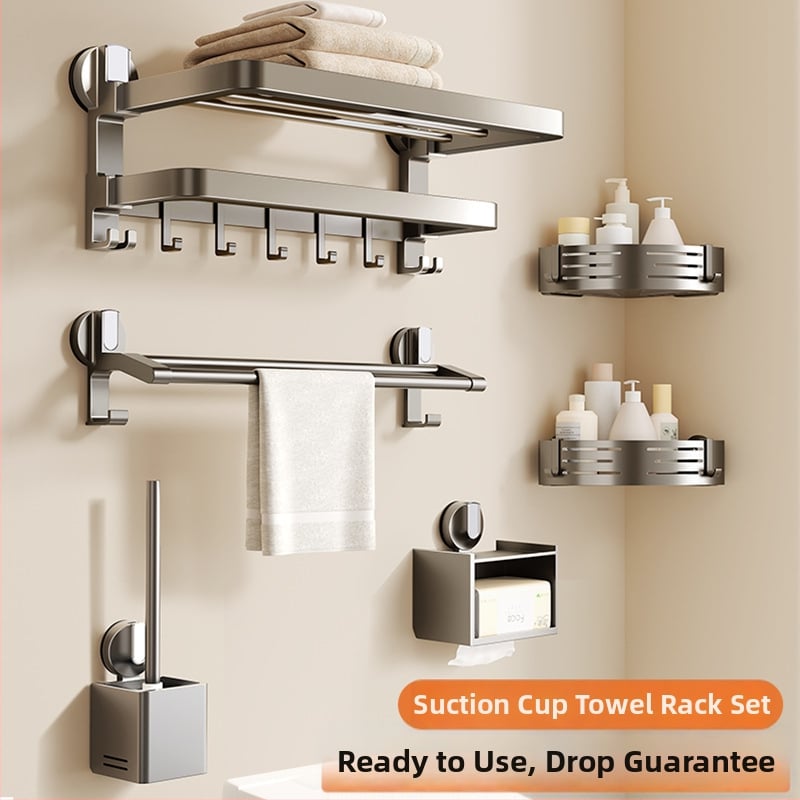 Set de 5 piese: suport pentru prosoape cu ventuză pentru baie, montaj fără găuri, organizator metalic de baie