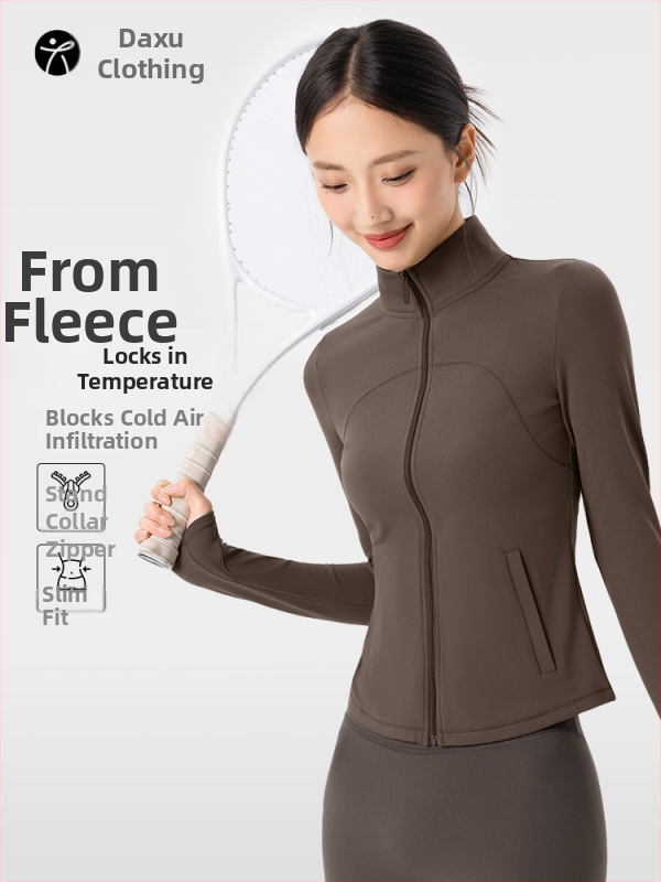 Moteriška fleece sportinis džemperis jogai, ilgomis rankovėmis, siauras kirpimas, stovinti apykaklė su užtrauktuku, pilvo ilgio, storas šilumos