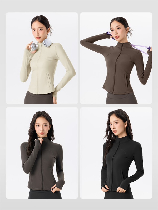 Moteriška fleece sportinis džemperis jogai, ilgomis rankovėmis, siauras kirpimas, stovinti apykaklė su užtrauktuku, pilvo ilgio, storas šilumos