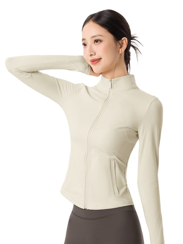 Moteriška fleece sportinis džemperis jogai, ilgomis rankovėmis, siauras kirpimas, stovinti apykaklė su užtrauktuku, pilvo ilgio, storas šilumos