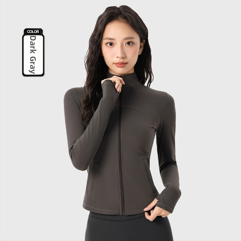 Moteriška fleece sportinis džemperis jogai, ilgomis rankovėmis, siauras kirpimas, stovinti apykaklė su užtrauktuku, pilvo ilgio, storas šilumos