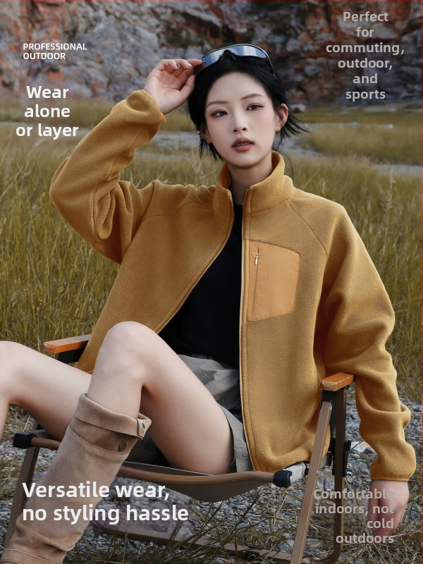 Fleece kardiganas su aukšta kaklu, moterų žiemos/rudens lauko drabužiai, be gobtuvo, su fleece pamušalu