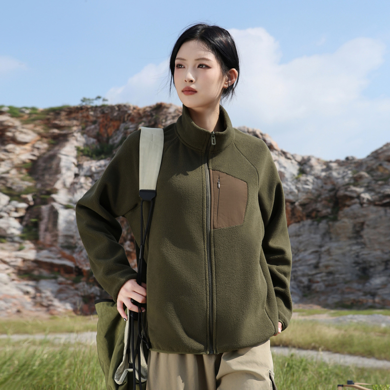 Fleece kardiganas su aukšta kaklu, moterų žiemos/rudens lauko drabužiai, be gobtuvo, su fleece pamušalu