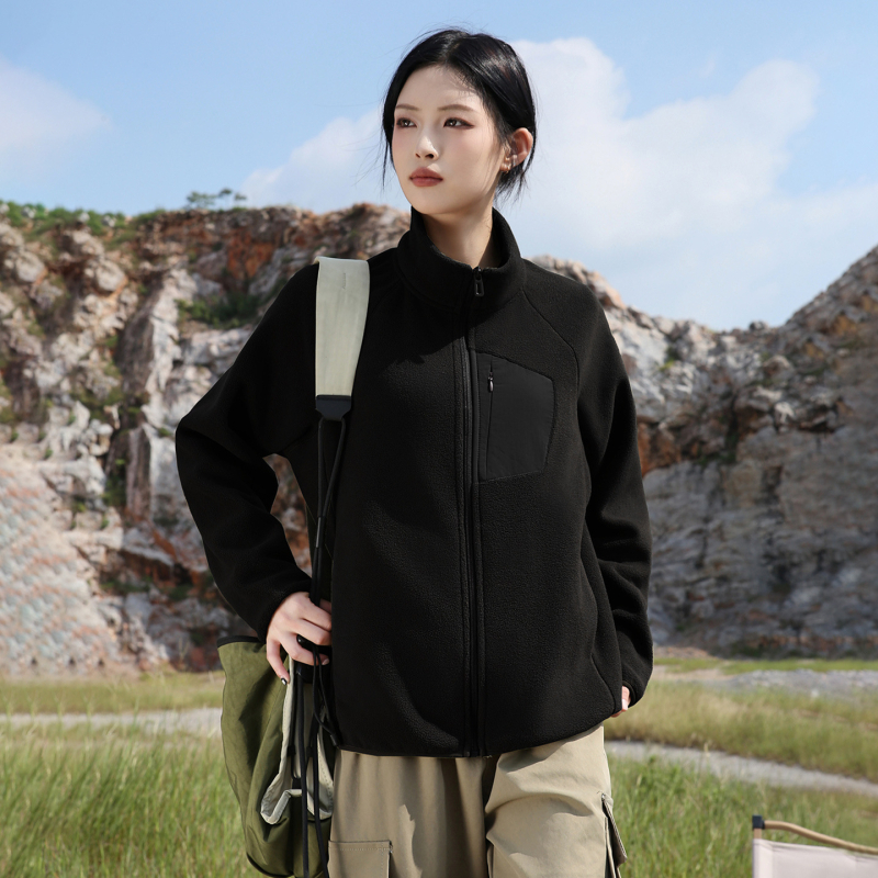 Fleece kardiganas su aukšta kaklu, moterų žiemos/rudens lauko drabužiai, be gobtuvo, su fleece pamušalu