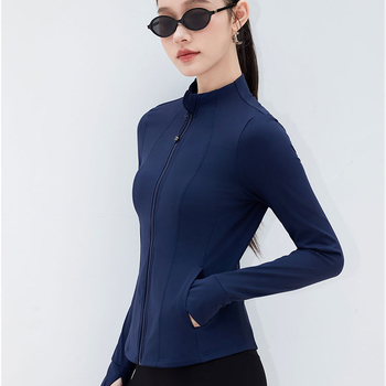 Moterų jogos išorinis drabužis – siauras kirpimas, ilgomis rankovėmis, pilvo ilgio, nailono-spandekso audinys 75%/25%, didelis elastingumas