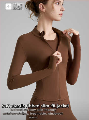 Moterų jogos švarkas su ilgomis rankovėmis, klubų ilgio, poliamido-spandekso audinys, sudėtis 75% nailonas, 25% spandeksas, didelis elastingumas