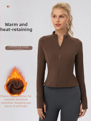 Moterų jogos išorinė striukė su užtrauktuku ir stovinčiu kaklu, šilta fliso medžiaga, liesa kirpimo linija, ilgos rankovės, klubų ilgio, 75% nailonas + 25% elastanas