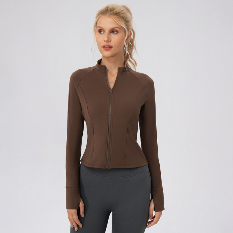 Moterų jogos išorinė striukė su užtrauktuku ir stovinčiu kaklu, šilta fliso medžiaga, liesa kirpimo linija, ilgos rankovės, klubų ilgio, 75% nailonas + 25% elastanas