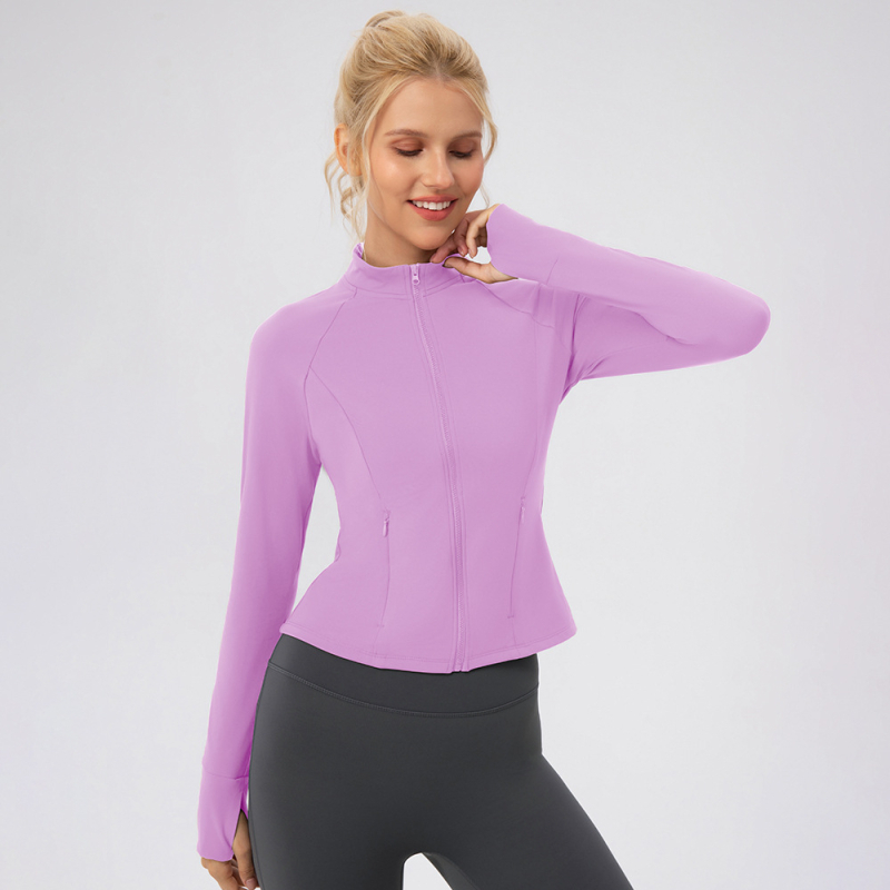 Moterų jogos išorinė striukė su užtrauktuku ir stovinčiu kaklu, šilta fliso medžiaga, liesa kirpimo linija, ilgos rankovės, klubų ilgio, 75% nailonas + 25% elastanas