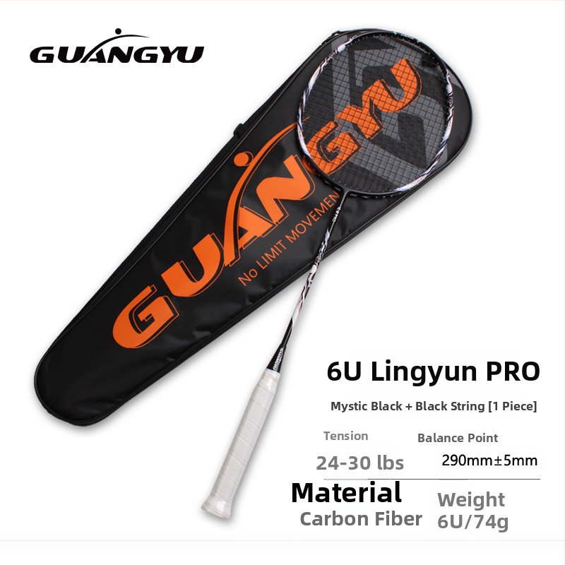 Badmintono raketė, anglies pluošto korpusas, universalus pradedantiesiems, tiesus kotas, svoris 75–79 g