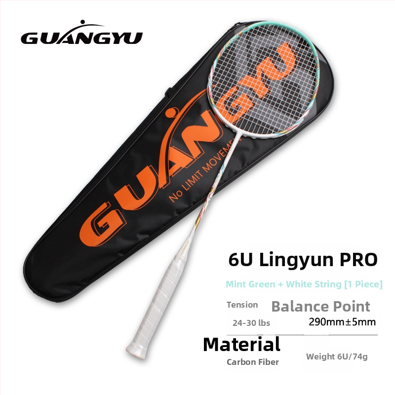 Badmintono raketė, anglies pluošto korpusas, universalus pradedantiesiems, tiesus kotas, svoris 75–79 g