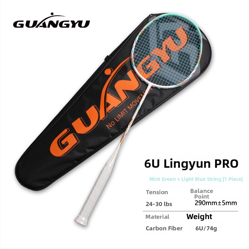 Badmintono raketė, anglies pluošto korpusas, universalus pradedantiesiems, tiesus kotas, svoris 75–79 g