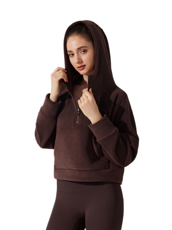 Joga džemperis su gobtuvu, fleece įdaila, priekyje užtrauktukas, Ao-grain veliūro audinys, ilgomis rankovėmis