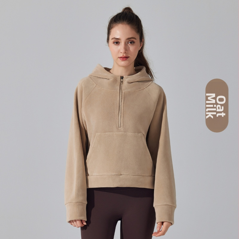 Joga džemperis su gobtuvu, fleece įdaila, priekyje užtrauktukas, Ao-grain veliūro audinys, ilgomis rankovėmis