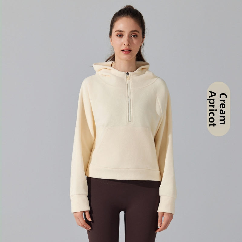 Joga džemperis su gobtuvu, fleece įdaila, priekyje užtrauktukas, Ao-grain veliūro audinys, ilgomis rankovėmis