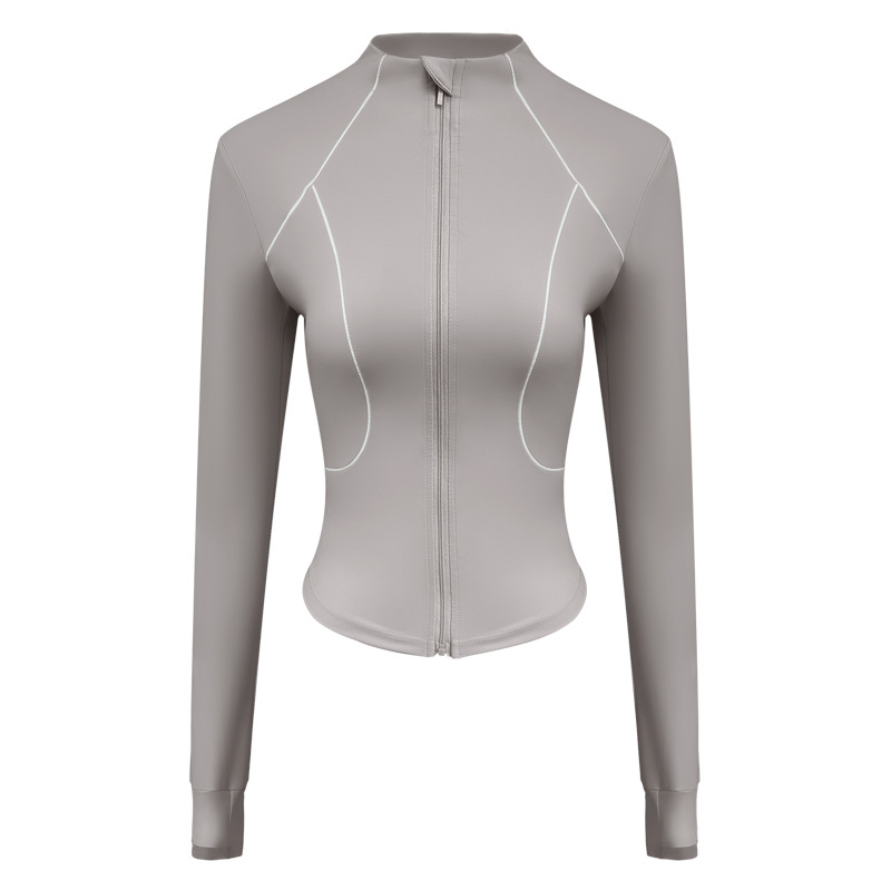 Moteriška jogos striukė – siauras siluetas, ilgomis rankovėmis, kvėpuojantis audinys, dvipusis brokato audinys, 75% nailonas 25% spandeksas