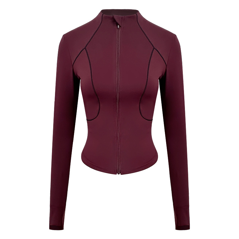 Moteriška jogos striukė – siauras siluetas, ilgomis rankovėmis, kvėpuojantis audinys, dvipusis brokato audinys, 75% nailonas 25% spandeksas