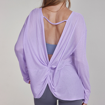 Ženski top za jogu s šupljim leđima i čvorom na leđima, dugi rukavi; Materijal: Tencel vlakno; Sastav: 85% poliester; Podstava: pamuk s 15% viskoze