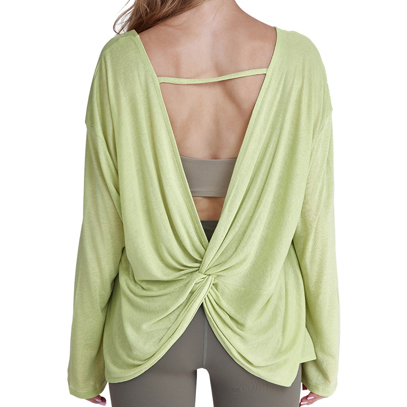 Ženski top za jogu s šupljim leđima i čvorom na leđima, dugi rukavi; Materijal: Tencel vlakno; Sastav: 85% poliester; Podstava: pamuk s 15% viskoze