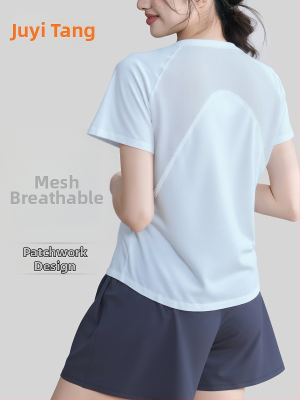 Kvėpuojantis atgalinės tinklinės konstrukcijos sportinis marškinėliai bėgimui ir jogai; laisvas kirpimas; audinys: poliesteris + spandeksas; sudėtis 88% poliesteris, 12% spandeksas; rankovės ilgis 25–29 cm; ilgis 55–65 cm