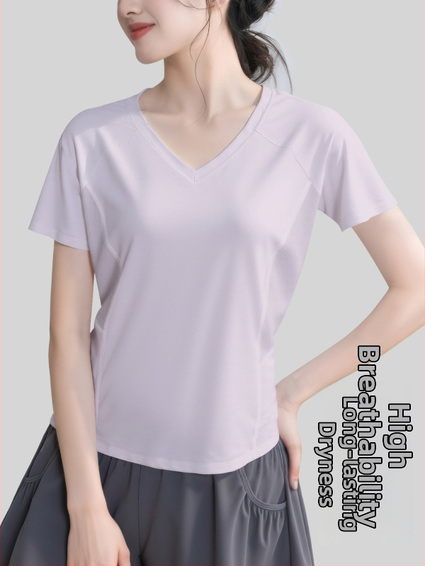 Elpojošā muguras tīkla dizaina sporta T-krekls šķērsošanai un joga; brīvs griezums; audums: poliesters + spandeks; sastāvs 88% poliesters, 12% spandeks; piedurknes garums 25–29 cm; garums 55–65 cm