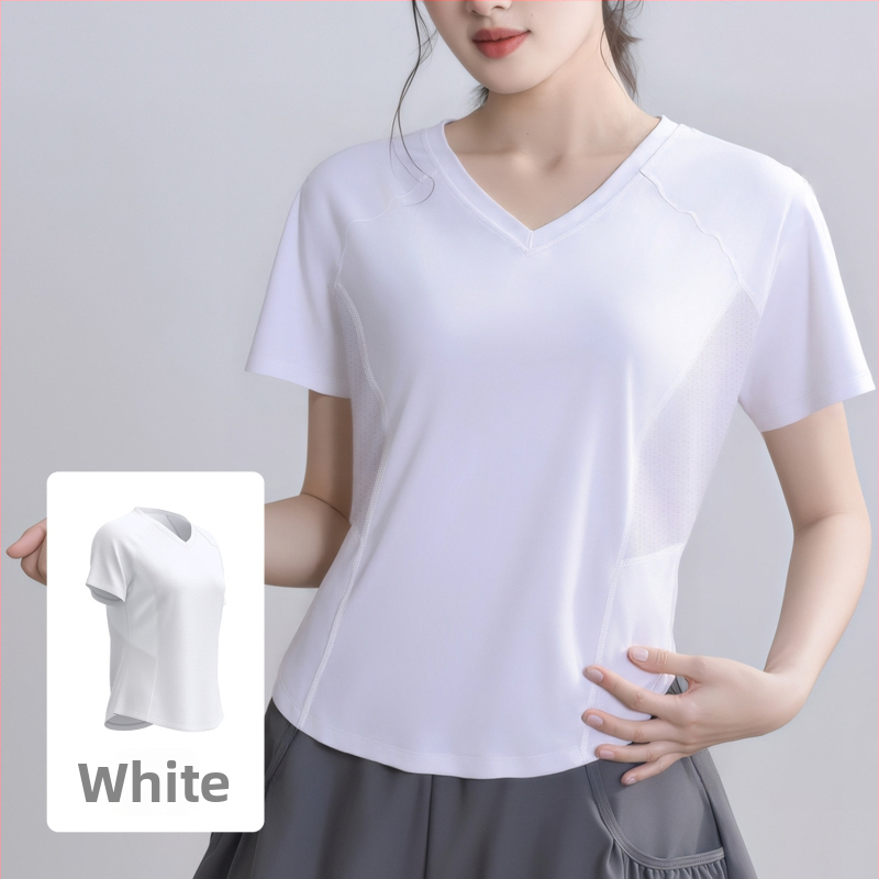 Kvėpuojantis atgalinės tinklinės konstrukcijos sportinis marškinėliai bėgimui ir jogai; laisvas kirpimas; audinys: poliesteris + spandeksas; sudėtis 88% poliesteris, 12% spandeksas; rankovės ilgis 25–29 cm; ilgis 55–65 cm