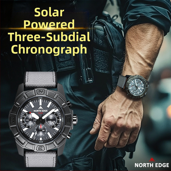 Vyrinis kvarcinis laikrodis su saulės įkrovimu, daugiafunkcinis chronografas su trimis indikatoriais, atsparus vandeniui iki 50 m, dirželis TPR+nylon