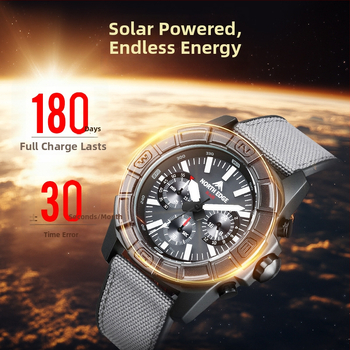 Vyrinis kvarcinis laikrodis su saulės įkrovimu, daugiafunkcinis chronografas su trimis indikatoriais, atsparus vandeniui iki 50 m, dirželis TPR+nylon