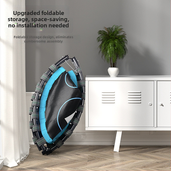 Mājas lietošanai paredzēts trampolīns, iekštelpu kompaktais modelis pieaugušajiem; tērauda rāmis un lentes virsma; universāla lietošana