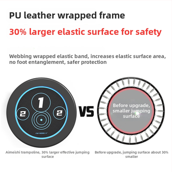 Mājas lietošanai paredzēts trampolīns, iekštelpu kompaktais modelis pieaugušajiem; tērauda rāmis un lentes virsma; universāla lietošana