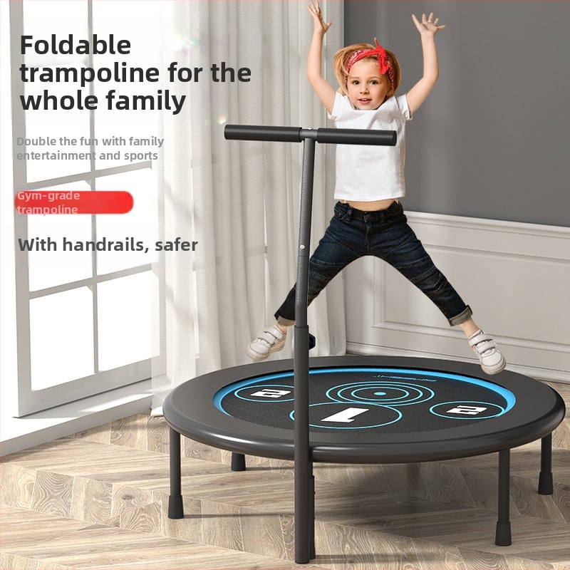 Mājas lietošanai paredzēts trampolīns, iekštelpu kompaktais modelis pieaugušajiem; tērauda rāmis un lentes virsma; universāla lietošana