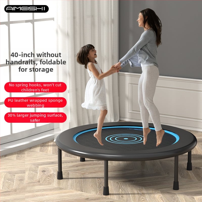 Mājas lietošanai paredzēts trampolīns, iekštelpu kompaktais modelis pieaugušajiem; tērauda rāmis un lentes virsma; universāla lietošana