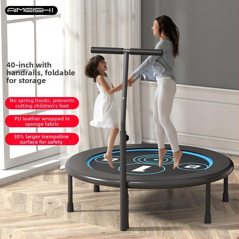 Mājas lietošanai paredzēts trampolīns, iekštelpu kompaktais modelis pieaugušajiem; tērauda rāmis un lentes virsma; universāla lietošana