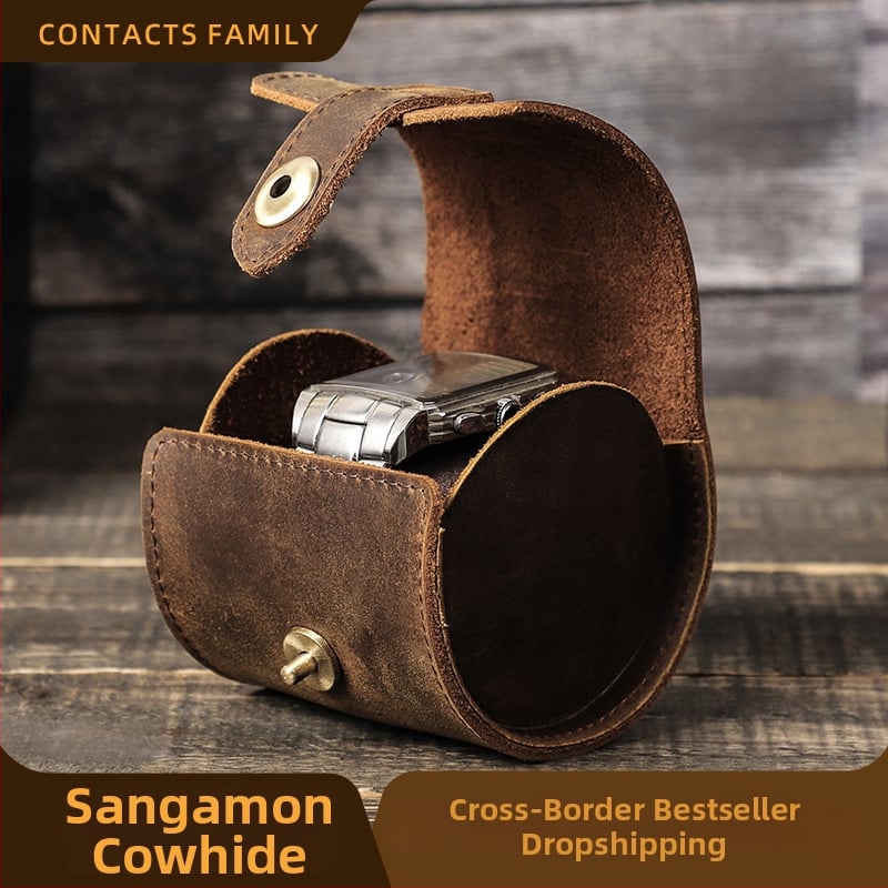 Retro rankų darbo laikrodžių dėžutė iš Crazy Horse karvų odos, nešiojama kelionėms, vienetas, su spausdintu logotipu