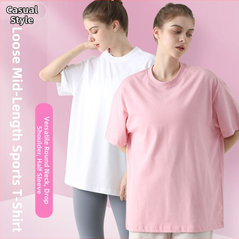 Joga marškinėliai, laisvas kirpimas, vidutinio ilgio, trumpomis rankovėmis, kvėpuojantis, 100% medvilnė